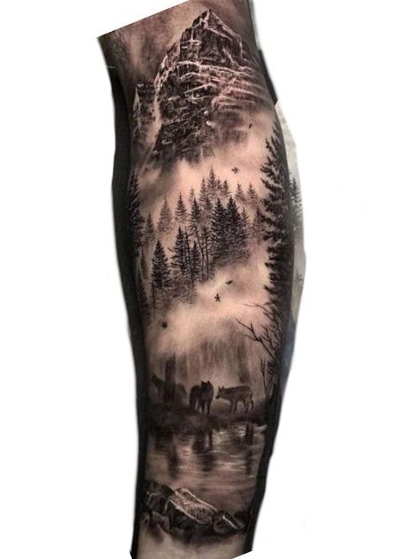 225+ Breathtaking Wilderness Tattoo Ideas (2023) - TattoosBoyGirl Wilderness Tattoo Sleeve, Mountain Sleeve Tattoo, Wilderness Tattoo, Tattoo Sleeve Ideas, Animal Sleeve Tattoo, Nature Tattoo Sleeve, Wolf Tattoo Sleeve, Small Forearm Tattoos, Men Tattoos Arm Sleeve