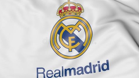 Close-up of waving flag with Real Madrid C.F. football club logo stock photography Real Madrid Flag, Madrid Flag, Real Madrid Logo, Real Madrid Club, Santiago Bernabeu, Zinedine Zidane, Gareth Bale, Business Advertising Design, Ac Milan