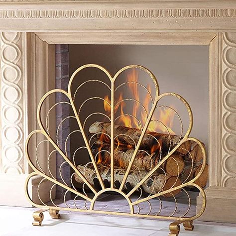 Gold Fireplace Screen, Beautiful Fireplaces, Decorative Fireplace Screens, Decorative Fireplace, Fireplace Screen, Fireplace Screens, Feather Design, Metal Mesh, Fireplace Decor