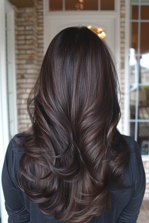 Dark Brown Hair With Highlights Cool Tone, Dark Coffee Brown Hair, Dark Brown Hair Colour Shades, One Tone Brown Hair Color, Brown Colour On Black Hair, Two Toned Dark Hair, Dark Brown Cool Tone Balayage, One Color Brunette Hair, Cool Toned Dark Brown Hair Balayage