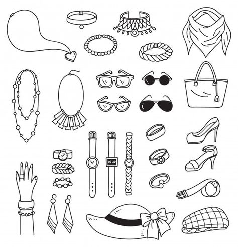 Set of fashion accessories doodle isolated on white background Premium Vector Cute Drawing Accessories, Fashion Accessories Sketch, Accessories Design Sketch Fashion Illustrations, Fashion Doodles Illustration, Accessories For Drawing, Accessory Design Sketches, Fashion Doodle Art, Cute Accessories Drawing, How To Draw Accessories