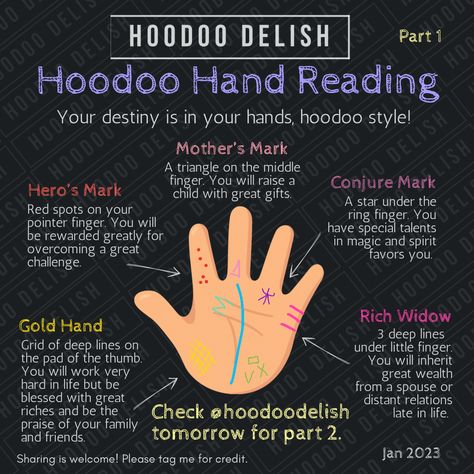 Part 1 Palmistry has been used to tell destiny and read the future in almost every culture all over the world. Here are a few hand reading signs from the hoodoo tradition. #palmistry #hoodoo #handreading Hoodoo Delish, Hoodoo Conjure Rootwork, Root Work, Hoodoo Rootwork, Hand Reading, Conjure Woman, Hoodoo Magic, Hoodoo Conjure, Hoodoo Spells