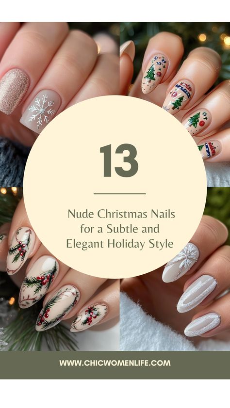 13 Nude Christmas Nails for an Elegant Holiday Style Christmas Nail Ideas Neutral, Neutral Nails Holiday, Classy Christmas Nails Almond Shape, Natural Christmas Nails Acrylic, Neutral Holiday Nail Designs, Christmas Nails Neutral Colors, Christmas Nails Nude Colors, Subtle Festive Nails, Neutral Christmas Nail Designs