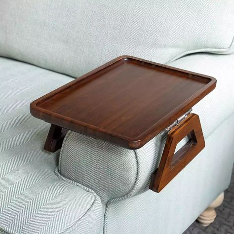 This Clip-On Sofa Arm Tray Creates an Instant Side Table on Your Couch Couch Tray, Couch Arm Table, Meja Sofa, Arm Rest Table, Sofa Arm Table, Wooden Couch, Table Clips, Bamboo Sofa, Tv Tray Table