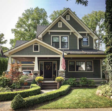 Black Roof Exterior Color Schemes, Classic Exterior House Colors, Exterior Paint Colors For Craftsman Style House, Green Siding House Brown Roof, Green Siding Colonial House, Green Houses With Brown Trim, Brown House Green Trim Exterior Paint, Craftsman Style Homes Exterior, Green Painted House