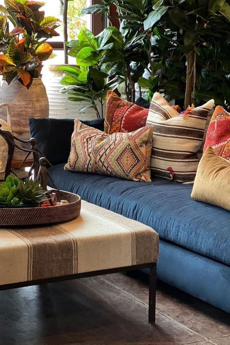 Indigo, spice, and everything nice. 🧵 @tierradellagarto plants the seeds of journeys to come with their globally-inspired style. This jewelbox space features our Moreau Sofa. Southwestern Couch, Indigo Sofa, Denim Sofa, Global Living Room, Blue Couch Living Room, Navy Sofa, Suede Sofa, Denim Rug, Beach Bungalow