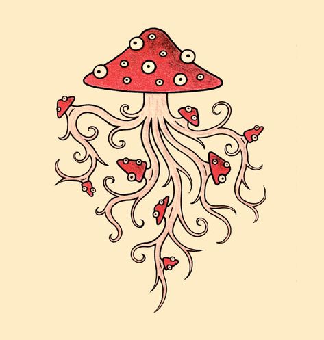 Mushroom Octopus Art, Trippy Octopus Drawing, Mushroom Illustration Trippy, Mushroom Drawing Aesthetic, Mushroom Octopus, Octopus Doodle, Shroom Drawings, Gel Pen Drawings, Trippy Drawings