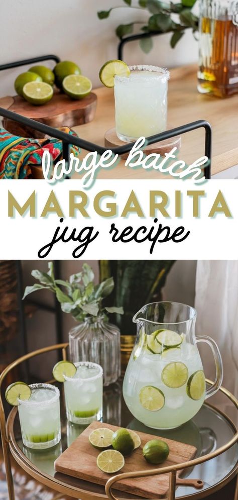 A stylish setup with a pitcher of margarita and glasses on a bar cart, great for a margarita jug recipe for large gatherings. Tequila Pitcher Drinks, Large Batch Margarita Recipe, Large Batch Cocktails, Cocktail Party Planning, Pitcher Margarita Recipe, Pitcher Drinks, Pitcher Cocktails, Traditional Margarita, Perfect Margarita