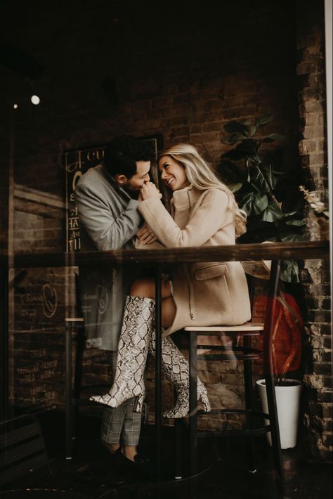 Coffee Engagement Shoot, Coffee Shop Proposal, Coffee Shop Engagement Photoshoot, Coffee House Engagement Photos, Coffee Shop Date Photoshoot, Coffee Date Engagement Shoot, Engagement Photos With Food, Cafe Engagement Shoot, Coffee Shop Shoot