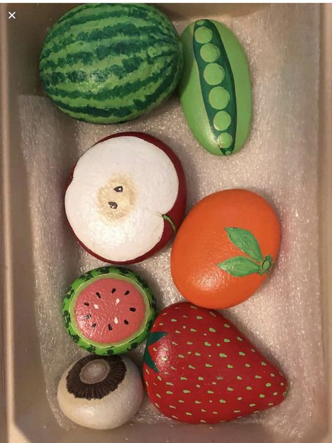 Painted Rock Food Mud Kitchen, Mud Kitchen Rock Food Diy, Rock Painting Fruit, Mud Kitchen Food Stones, Painted Rocks For Mud Kitchen, Rock Food Painted, Rock Painting Ideas Food, Food Rock Painting Ideas, Rocks Painted Like Food