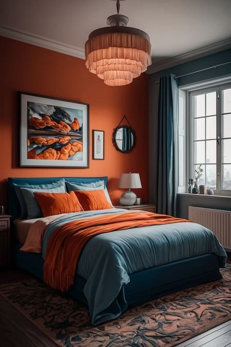 #bedroominterior #fyp #foryou #reels #viral #viralreels #interior #interiordesign Orange And Navy Bedroom, Blue And Beige Bedroom, Bedroom Interior Modern, Bedroom Design Tips, Bedroom Luxurious, Beige Bedroom Decor, 2024 Bedroom, Navy Bedrooms, Fall Bedroom Decor