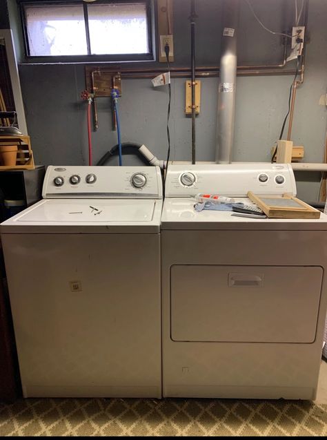 Unfinished Laundry Room Refresh - Before Easy Basement Laundry Room Makeover, Curtain In Laundry Room, Old Washer And Dryer Makeover, Covering Washer And Dryer, Hiding Hvac In Laundry Room, Easy Laundry Room Makeover Budget, Cozy Laundry Room Ideas, Hide Washer And Dryer Hookups, Unfinished Laundry Room Ideas