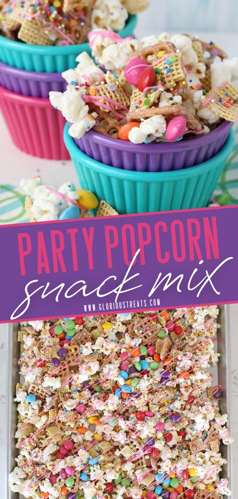 A quick and easy no-bake Party Popcorn Snack Mix that can be easily customized to match any holiday or party theme! This recipe is sweet, salty, crunchy, and delicious! If you're looking for the perfect fall, Halloween, or holiday party snack, this recipe is perfect for you! Kids Party Snacks, Party Popcorn, Birthday Snacks, Birthday Party Snacks, Popcorn Snacks, Popcorn Party, Snack Mix Recipes, Party Mix, Birthday Party Food