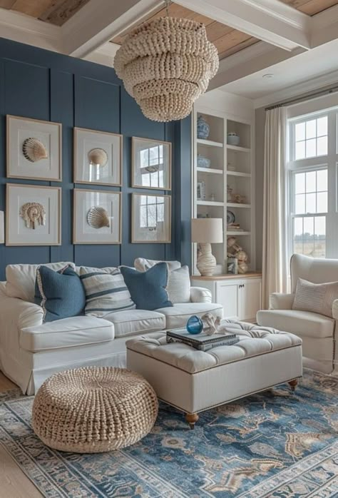 Florida Home Decor Ideas Interior Design, Blue And Gray Office Ideas, Coastal Home Office, Vintage Apartment Decor, Sunroom Decor, Vintage Apartment, Beach House Living Room, Shell Chandelier, Minimalist White