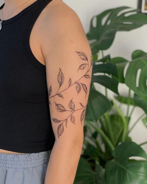 #Tattoos,Vine Tattoo Vines Bicep Tattoo, Sleeve Leaves Tattoo, Tattoo Leaves Vine, Vine Wrap Sleeve Tattoo, Tulip Half Sleeve Tattoo, Foliage Arm Tattoo, Vine Tattoo Bicep, Leave Tattoos For Women, Tattoo Vines Arm