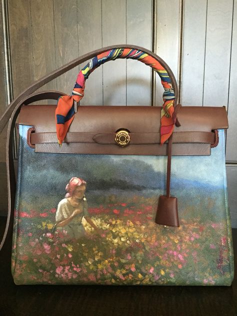 #whenartmeetsbag #hermes #herbag #painting #handpainted #bag #art #gift #twilly Painted Birkin Bag, Custom Bag Painting, Purse Painting, Hand Painted Bags Handbags, Painted Handbag, Painted Purse, Purse Game, Clothes Embroidery Diy, My Style Bags