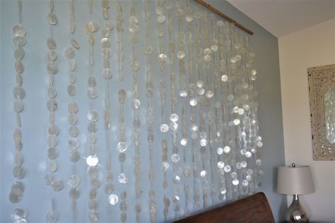 Capiz Wall Art, Diy Capiz Shell Wall Art, Capiz Shell Wall Art, Curtain Accent Wall, Glitter Accent Wall, Curtains To Go, Surf Bedroom, Accent Wall Entryway, Installing Wainscoting