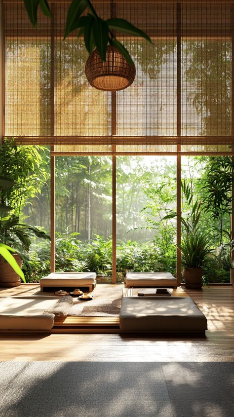 Cozy Zen living room with bamboo shades, large windows, wooden seating, cushions, and indoor plants for a tranquil Modern Zen Living Room, Earthy Living Room Ideas, Wooden Seating, Zen Living Room, Japanese Inspired Home, Rustic Comforter, Zen Home, Earthy Living Room, Home Transformation