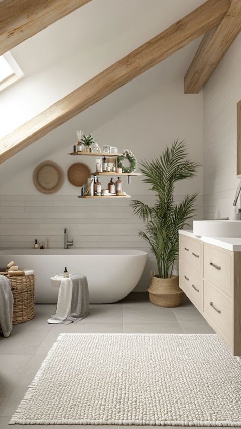 Scandinavian Bohemian Bathroom, Scandinavian Farmhouse Style Interior Design, Cozy Minimalist Bathroom, Bathroom Ideas Wooden Floor, Small Appartement Interieur Ideas, Bathroom Inspiration Scandinavian Master Bath, Norwegian Home Interior, Scandinavian Rustic Interior Design, Scandinavian Small Bathroom