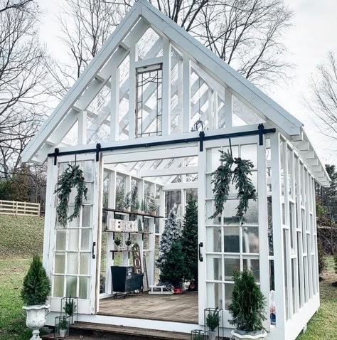 She Shed Living, Shed Living, She Shed Greenhouse, Old Window Greenhouse, Sheds Ideas Backyard, Window Greenhouse, Diy Greenhouse Plans, Outdoor Greenhouse, Greenhouse Shed