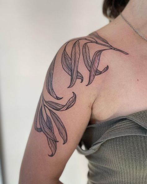 Willow Branches Tattoo, Tree Branch Shoulder Tattoo, Willow Leaves Tattoo, Willow Leaf Tattoo, Willow Branch Tattoo, Weeping Willow Branch, Eucalyptus Tattoo, Weeping Willow Tattoo, Willow Tattoo