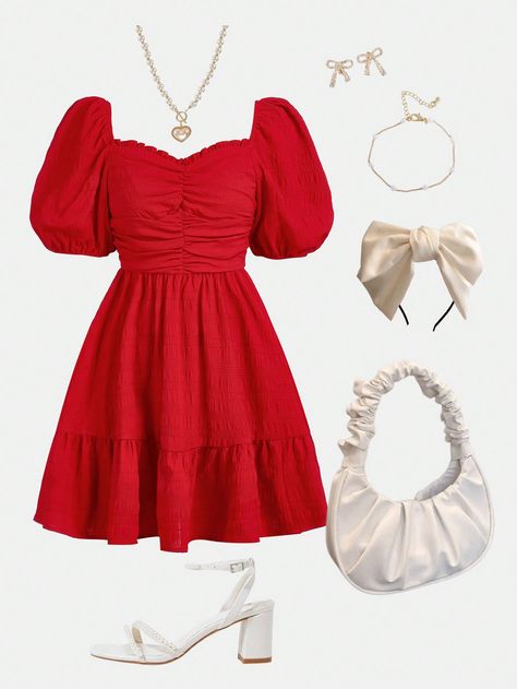 Red Cute Collar Short Sleeve Woven Fabric Plain A Line Embellished Non-Stretch  Teen Girls Clothing Cute Gowns Simple, Valentines Dresses For Teens, Cute Dresses For Teens Aesthetic, Teenager Outfits Dress, Simple Dresses For Teens, Cute Christmas Outfits For Teens, Cute Shein Dresses, Gowns For Teenagers