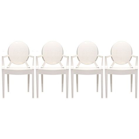 2xhome – Set of 4 Modern Designer Louis Ghost Armchairs With Polycarbonate Solid White Plastic Dining Chairs With Arms, Acrylic Vanity, Ghost Chairs, Dining Room Arm Chairs, Leather Dining Room Chairs, Plastic Dining Chairs, White Dining Chairs, Mid Century Modern Dining, Chair White