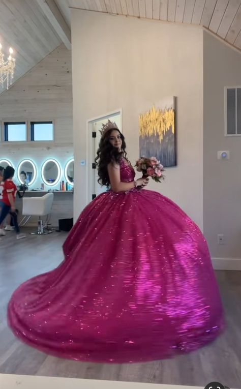 Hot Pink Dress Quinceanera, Hot Pink Ball Gowns Princesses, Fusia Pink Quince Dress, Fuchsia Quinceanera Dress, Quinceanera Dresses Hot Pink, Dark Pink Quince Dress, Magenta Quinceanera Theme, Hot Pink Sweet 16 Dresses, Magenta Quinceanera Dresses