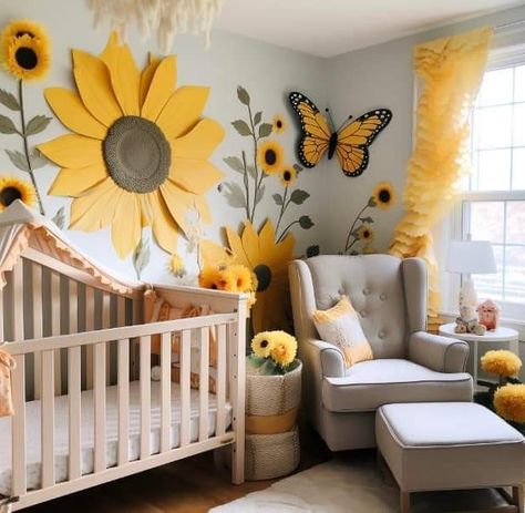 Nursery Ideas Sunflower, Baby Room Themes Girl, Sunflower Nursery Theme Girl, Baby Nursery Ideas Colorful, Baby Themes Rooms, Sunflower Nursery Theme, Baby Crib Ideas, Sunflower Room Decor, Natal Aesthetic