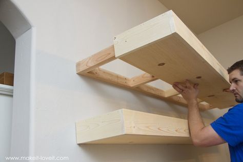 How to Build SIMPLE FLOATING SHELVES (...for any room in the house!) | via Make It and Love It How To Build A Closet In A Room Simple, Floating Shelves Brackets Diy, 4 Inch Floating Shelves, 60” Floating Shelves, Floating Shelf Dimensions, Diy Chunky Floating Shelves, Wall Length Floating Shelves, Sturdy Floating Shelves Diy, Floating Shelf Plans Living Room