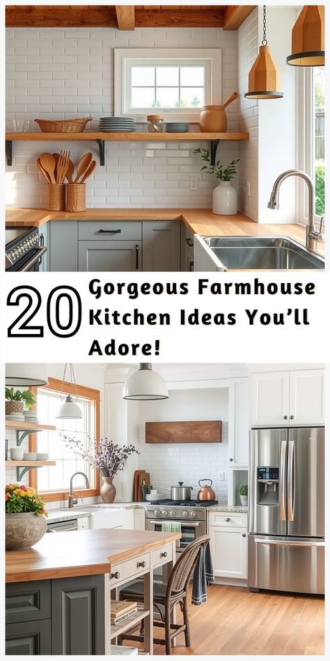 Looking for farmhouse kitchen inspiration? These 20 ideas combine rustic charm with modern touches for a welcoming vibe. Budget Farmhouse Kitchen, Unique Farmhouse Kitchen, Country Kitchen Ideas Farmhouse Style, Farmhouse Kitchen Makeover, Cozy Kitchen Nook, Farm Style Kitchen, Distressed Cabinets, Budget Farmhouse, Rustic Farmhouse Kitchen Decor