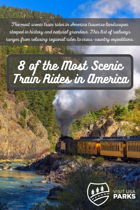 8 of the Most Scenic Train Rides in America Usa Train Trips, Us Train Trips, Train Trips Across America, Train Vacations America, Train Trips In The Us, Train Rides In America, Train Travel Usa, Luxury Trains, Train Vacations