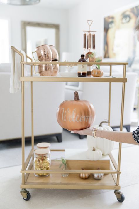 Fall Bar Cart: Everything Copper Thanksgiving Bar Cart, Target Bar Cart, Fall Bar Cart, Gold Cart, Fashionable Hostess, Gold Bar Cart, Cart Ideas, Drink Cart, Bar Cart Styling