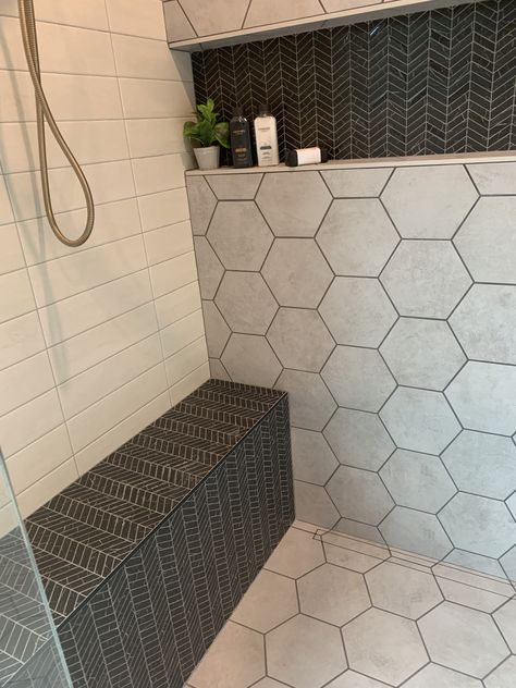 Hexagon Tiled Shower Ideas, Hexagon Tile In Shower Wall, Hexagon Tile Shower Ideas, Octagon Tile Shower Wall, Hex Tile Shower Wall, Bathroom Honeycomb Tile, Honeycomb Shower Tile, Honeycomb Bathroom Tile, Shower Hexagon Tile