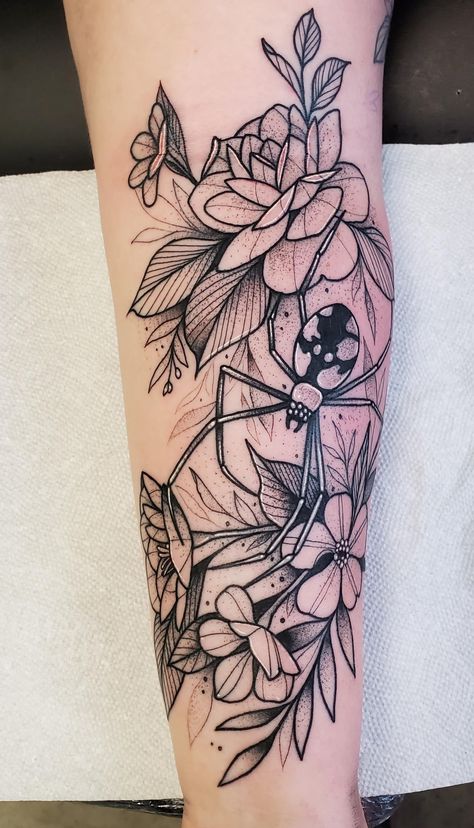 Spiders And Flowers Tattoo, Womens Spider Tattoo, Spider Flowers Tattoo, Spider Tattoo With Flowers, Flowers And Spider Tattoo, Flower With Spider Tattoo, Spider Tattoo For Women Arm, Garden Spider Drawing, Spider With Flowers Tattoo