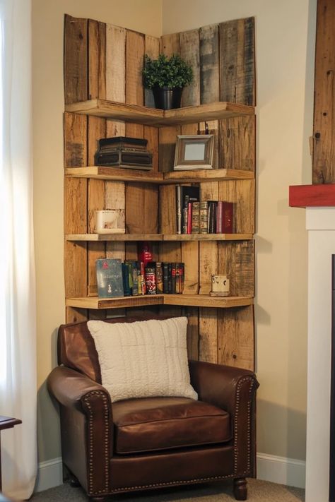 "Create functional storage with DIY Corner Shelves for small spaces! 🛠️📚 Ideal for decluttering and organizing. #SmallSpaceDIY #StorageSolutions #ShelvingIdeas" Diy Corner Bookshelf, Corner Storage Ideas, Room Corner Ideas, Shelves For Small Spaces, Diy Corner Shelves, Rustic Corner Shelf, Corner Shelf Ideas, Corner Shelving, Decluttering And Organizing