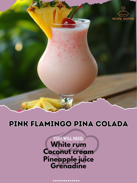 🎀 "Pretty in pink and perfect for sipping—try our Pink Flamingo Pina Colada today!" 🌸🍍 #PinkFlamingoPinaColada #TropicalTreat Pink Flamingo Pina Colada Ingredients: White rum (2 oz) Coconut cream (2 oz) Pineapple juice (4 oz) Grenadine (0.5 oz) Ice (as needed) Pineapple slice (for garnish) Maraschino cherry (for garnish) Instructions: In a blender, combine white rum, coconut cream, pineapple juice, and ice. Blend until smooth. Pour into a glass and drizzle grenadine on top. Garnish with a... Pink Flamingo Pina Colada, Giggle Water, Drinks Refreshing, Pina Colada Rum, Hawaii Recipes, Alcholic Drinks, Rum Cream, Cocktail Drinks Alcoholic, Mixed Drinks Alcohol