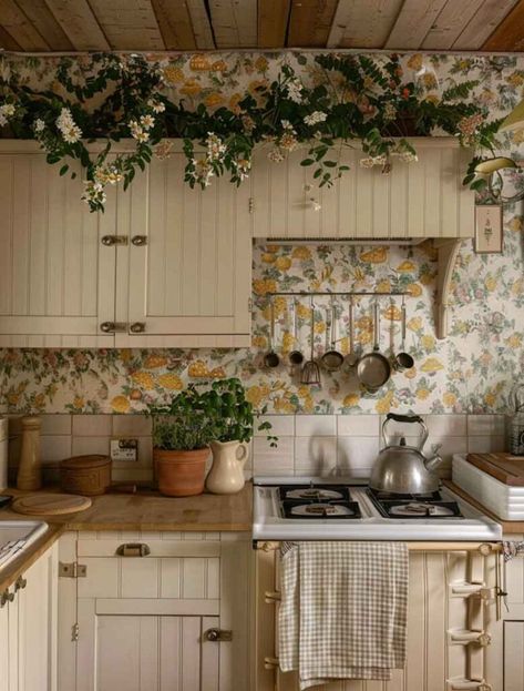 Summer Cottage Core Aesthetic, Yellow Cottagecore Kitchen, House Ideas Cottagecore, Enchanted Cottage Interior, Kitchen Thrift Ideas, Cute Cottage Aesthetic, Small Cottagecore Kitchen, Grandma Kitchen Aesthetic, Grandma Core Kitchen