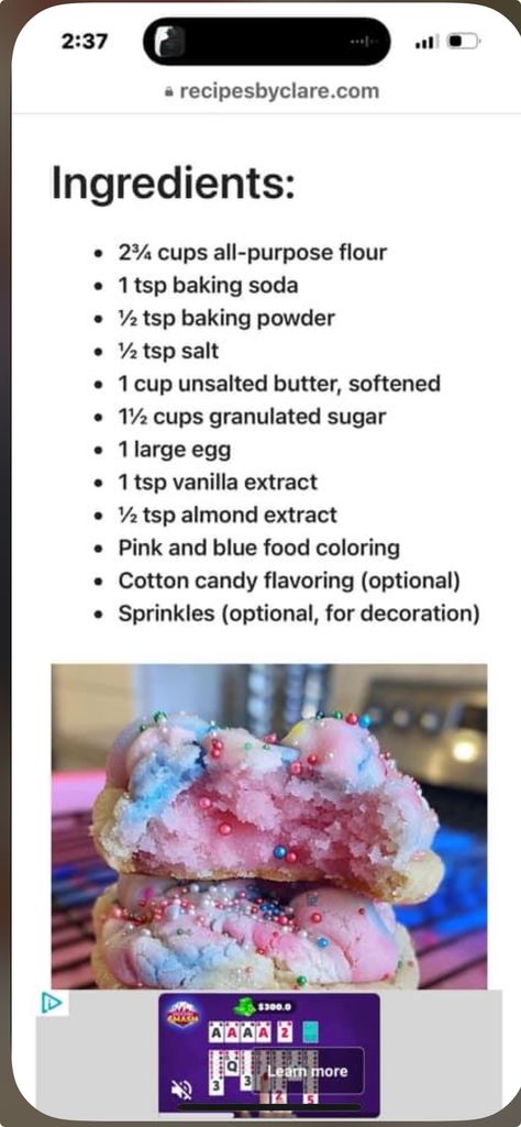 Cotton Candy Recipe, Candy Cookies Recipes, Cotton Candy Cookies, Cotton Candy Flavoring, Sleepover Food, Blue Food Coloring, Candy Cookies, Cookies Recipes, Fun Baking Recipes