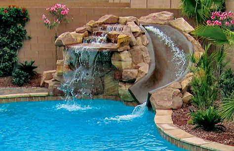 rock-waterfall-slide-pool-140-bhps Swimming Pool Slides, Blue Haven Pools, Moderne Pools, Dream Backyard Pool, Pools Backyard Inground, Rock Waterfall, Luxury Swimming Pools, Pool Water Features, Pool Remodel