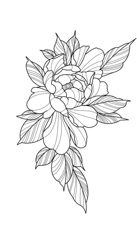 Neotraditional Flowers, Stencil Tattoo Ideas, Trad Flower, Flower Drawing Tattoo, Floral Linework, Peony Tattoo Design, Tattoo Bee, Outline Flowers, Rose Drawing Tattoo