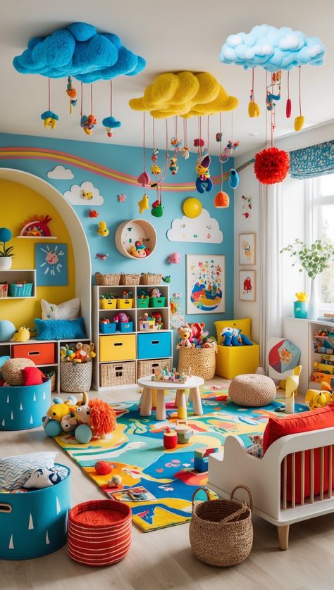 50 Brilliant Toy Storage Ideas For Every Playroom Storage For Toys In Bedroom, Toy Decoration Ideas, Toys Decoration Ideas, Baby Toys Organization Ideas, Baby Playroom Ideas Small Spaces, Organization Ideas For Kids Room, Colorful Kids Playroom, Bold Playroom, Playing Room Ideas