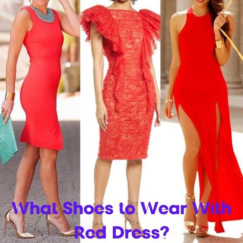 What Shoes to Wear With Red Dress? Red Shoes Black Dress, Shoes With Red Dress What Color, Glamorous Red Sandals For Cocktail, What Color Shoes To Wear With Red Dress, Classic Red Semi-formal Dress Shoes, Color Shoes To Wear Wuth Red Dres, Red Cocktail Dresses, Silver Strappy Sandals, Red And Black Dress