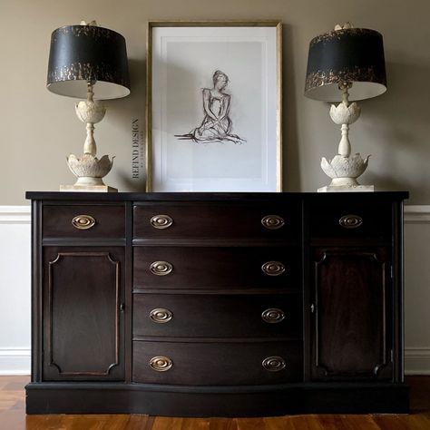 Ebony Dye Stain Duncan Phyfe Buffet | General Finishes Design Center Armoire Repurpose, Traditional Sideboard, Matching Dressers, Buffet Makeover, Farmhouse Buffet, Duncan Phyfe, Round Pedestal Dining, Round Pedestal Dining Table, Antique Buffet