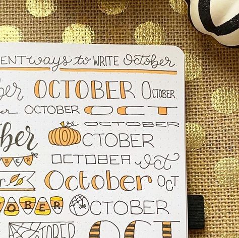 Nicole Barlettano on Instagram: "Different Ways to Write October 🎃🍂💛 Journal: @archerandolive Pens: @fabercastellusa #bujo #bulletjournal #bujoinspiration #bujoideas #bujocollections #bulletjournaling #bulletjournalideas #bulletjournalcommunity #bulletjournalist #creativejournal #creativejournaling #october #lettering #doodle #drawing #journal #planner #plan #fabercastell" How To Write October In Calligraphy, November Planner Doodles, October Lettering Bullet Journal, October Calendar Doodles, October Handwriting, October White Board Ideas, October Calendar Ideas, Month Doodles, October Calligraphy