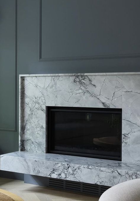 Mitered Fireplace Surround, Hole In The Wall Fireplace, Marble Fireplace Surround Ideas, White Marble Fireplace Surround, Quartzite Fireplace Surround, Marble Tiled Fireplace, Marble Tile Fireplace Surround, Marble Slab Fireplace, Modern Fireplace Mantle