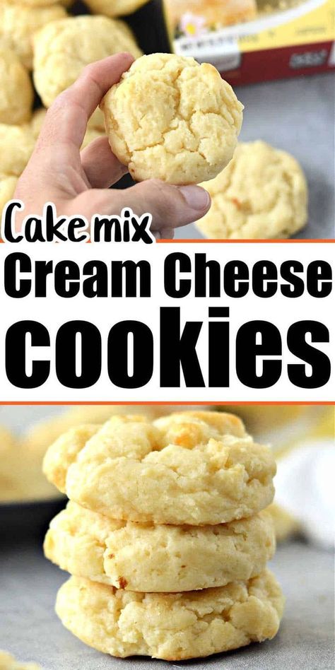 Cake mix cookies with cream cheese make the best easy dessert or sweet snack that kids and adults will love. These super delicious cookies are easy to throw together because they're made with cake mix. They're perfect for an easy snack or dessert for the holidays. Try this cookie recipe today! Lemon Box Cake Mix Cookie Recipes, Chocolate Cookies Made With Cake Mix Boxes, 12 Tomatoes Cream Cheese Cookies, Cake Mix And Whip Cream Cookies, Lemon Cookies From Cake Mix Recipes, Lemon Cake Mix Cookies With Cream Cheese, Cream Cheese Bars Recipe Cake Mixes, Cake Mix Sugar Cookies Cut Out, Easy Cream Cheese Cookies Simple