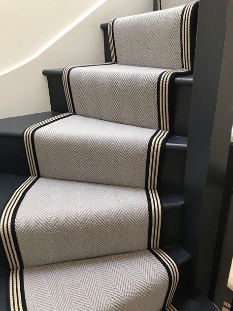 Stairways Ideas, Stairs And Hallway Ideas, Stairway Carpet, Black And White Stairs, Striped Stair Runner, Stair Runner Installation, Stairs Carpet, Black Staircase, Hall Stairs