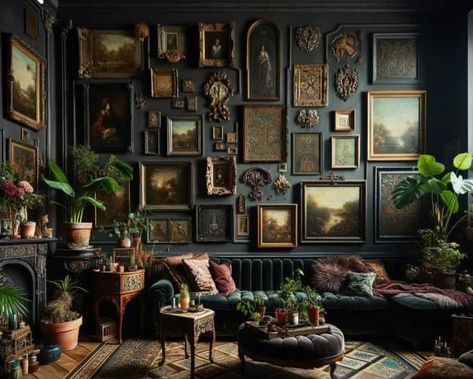 Sophisticated Whimsical Decor, Maximalist Vintage Living Room, Vintage Dark Living Room, Dark Academia Maximalist Decor, Eclectic Moody Living Room Ideas, Speakeasy Aesthetic Living Room, Dark Academia Living Room Apartment, Small Moody Living Room Ideas, Dark Maximalist Living Room