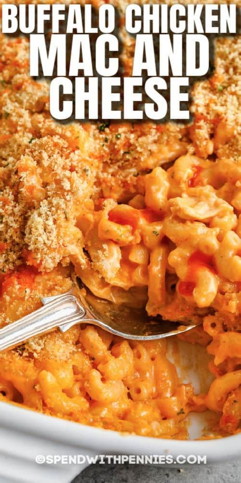 Buffalo Sauce gives Buffalo Chicken Mac & Cheese some kick! Macaroni and cheese never tasted this good! #spendwithpennies #buffalochickenmacandcheese #macandcheese #buffalochicken #entree #recipe #baked #creamy #casserole #best #homemade Buffalo Mac N Cheese, Buffalo Mac N Cheese Recipe, Cheese Chicken Pasta, Buffalo Chicken Mac And Cheese, Creamy Casserole, Buffalo Mac And Cheese, Chicken Mac And Cheese, Baked Mac And Cheese Recipe, Classic Meatloaf Recipe